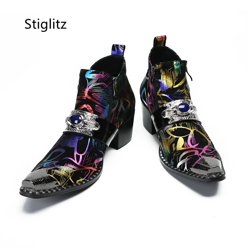 Graffiti Ankle Boots for Men Pearl Metal Decor High Heels Leather Western Men's Boots Zip Street Style Man Shoes High Quality