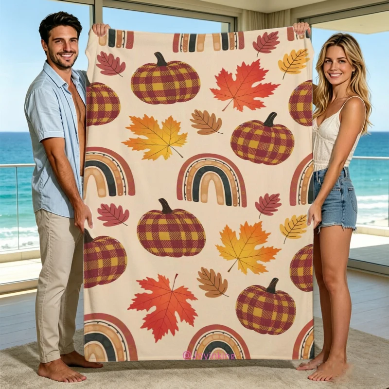 Plaid Pumpkin Rainbow Maple Leaf Fall Throw Blanket Guest Suite Porch Warm Blanket Living Room Lounge Bedroom Den Gifts