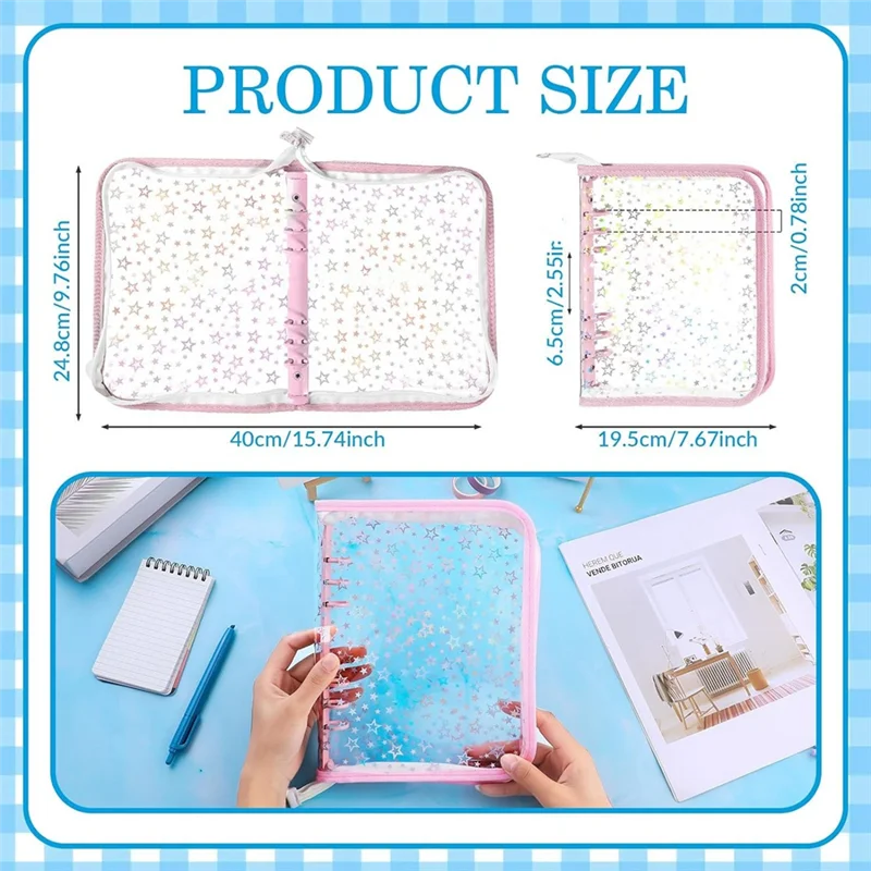 A19E-A5 Budget Binder Cover With Zipper, Glitter Stars A5 6 Ring Binder Planner, Clear PVC Refillable Notebook Shell