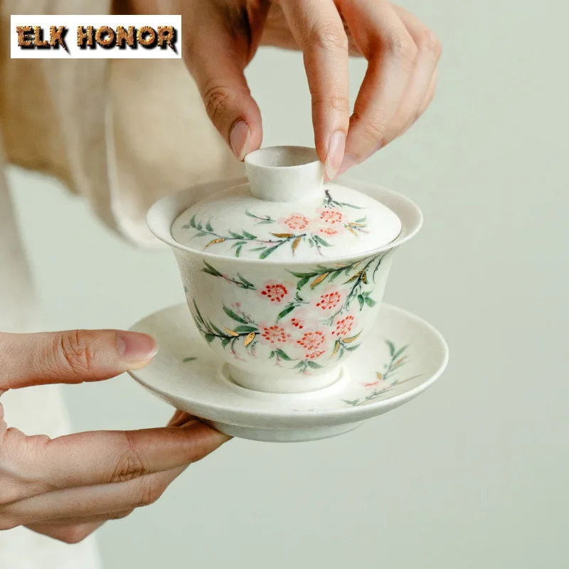 145ml Hand-painted Peach Blossom Three Talents Gaiwan Elegant Tea Tureen Tea Bowl With Lid Kit Tea Maker Cover Bowl Cafes Craft