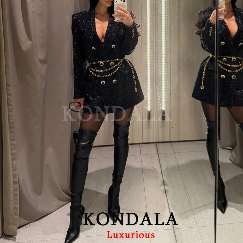 

KONDALA офисный женский шикарный черный пиджак с v-образным вырезом и двойными пуговицами, длинные куртки, модные 2026, повседневная женская верхняя одежда с карманами для вечеринок