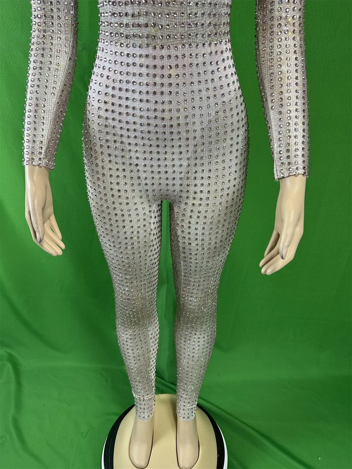 Kombinezony damskie ze spandexu, elastyczne, w całości wysadzane cyrkoniami, błyszczące, do tańca na rurze, dla DJ-ek, DS, do klubu nocnego, srebrne stroje, kostiumy drag queen.