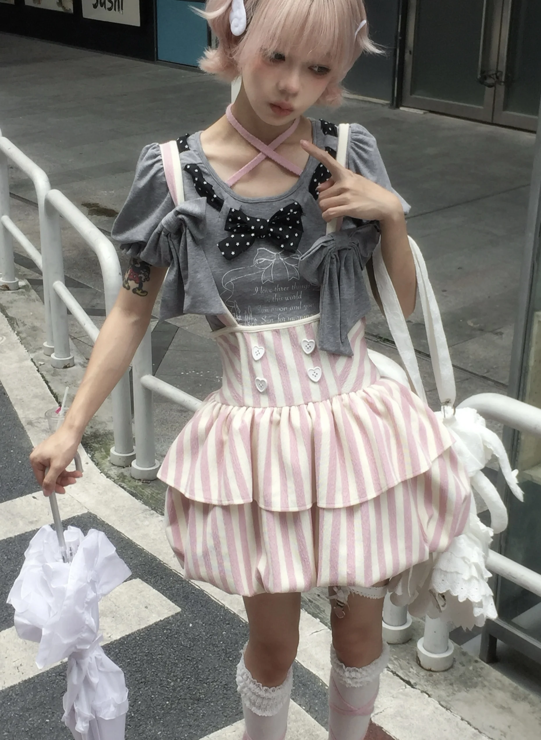 Original Japanese Kawaii Y2k Gray T-shirt Bud Skirt 2-piece Summer New Subculture Gothic Girls Sweet Cool Top Mini Skirt Set