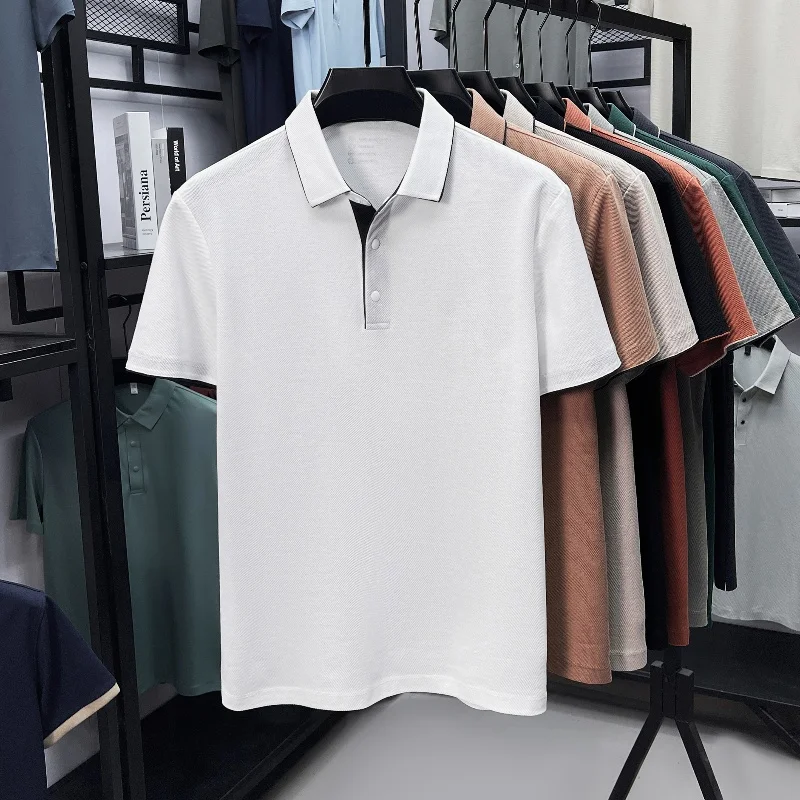 جودة عالية 100٪ قطن بلون قصير الأكمام قميص بولو زر فريد الرجال الصيف تنفس الراحة الملمس التلبيب تي شيرت