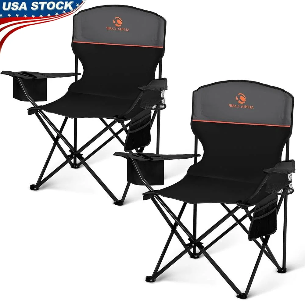 Portable Camping Chair Set 2 Pack Folding Chair with 4-Can Cooler Side Pocket Cup Holder Lightweight Collapsible Outdoor Seating