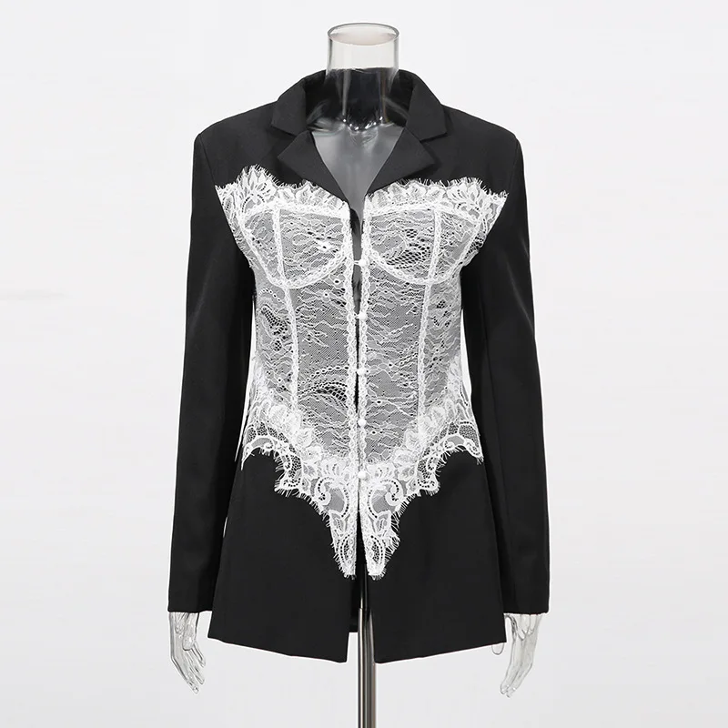 ZAMOR HIGH QUALITY Cross-Border Hot Selling Blazer 2026 New Elegant Slim Fit Lace Patchwork Button V Neck Jacket