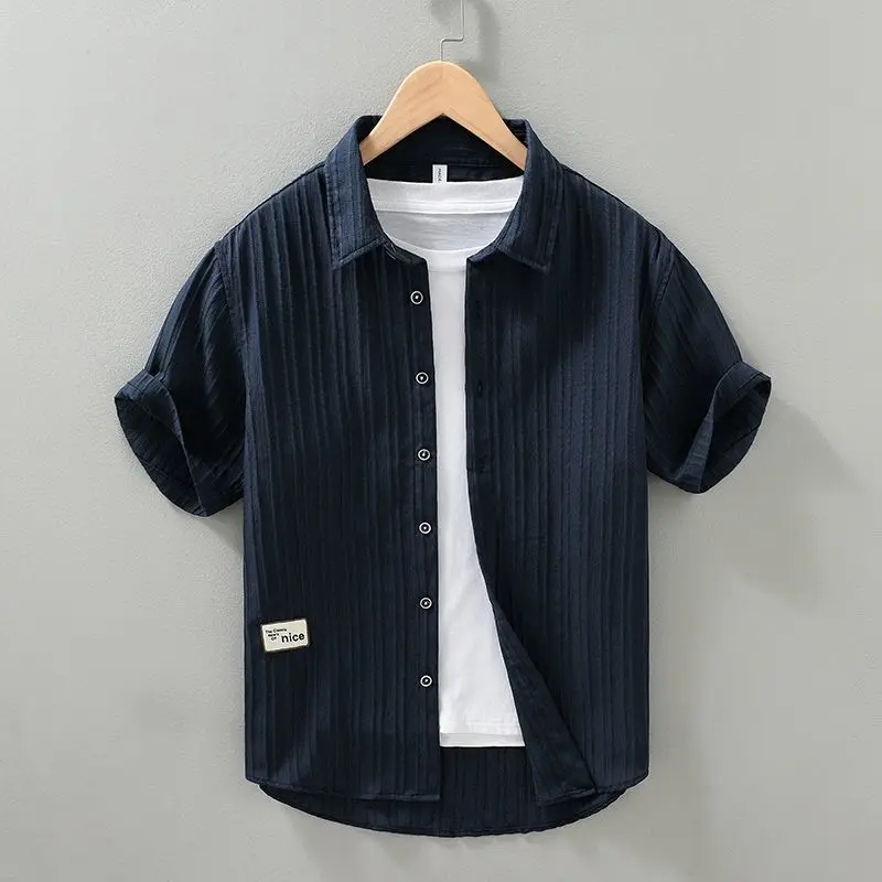 Men's Summer Short Sleeve Button All-match Youth Harajuku Blouse Solid Loose Thin Ice Silk Shirt Tops Fashion Casual Men Clothes