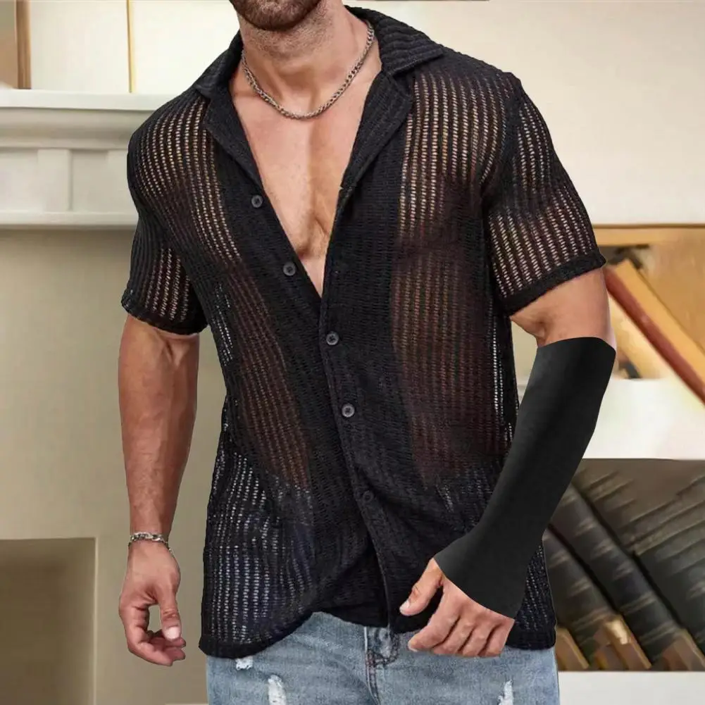 

Men Shirt Knitted Hollow Elastic Solid Color Shirts Turn-down Collar Vintage Short Sleeves Cardigan Vacation Beach Top Knitwear