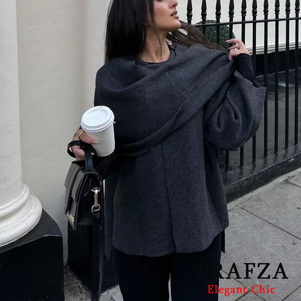 TRAFZA Women Fashion Brown Gray Knitt Cape Sweater Irregularity Loose Sweater New 2024 Autumn Winter Casual Stylish Cape Coat