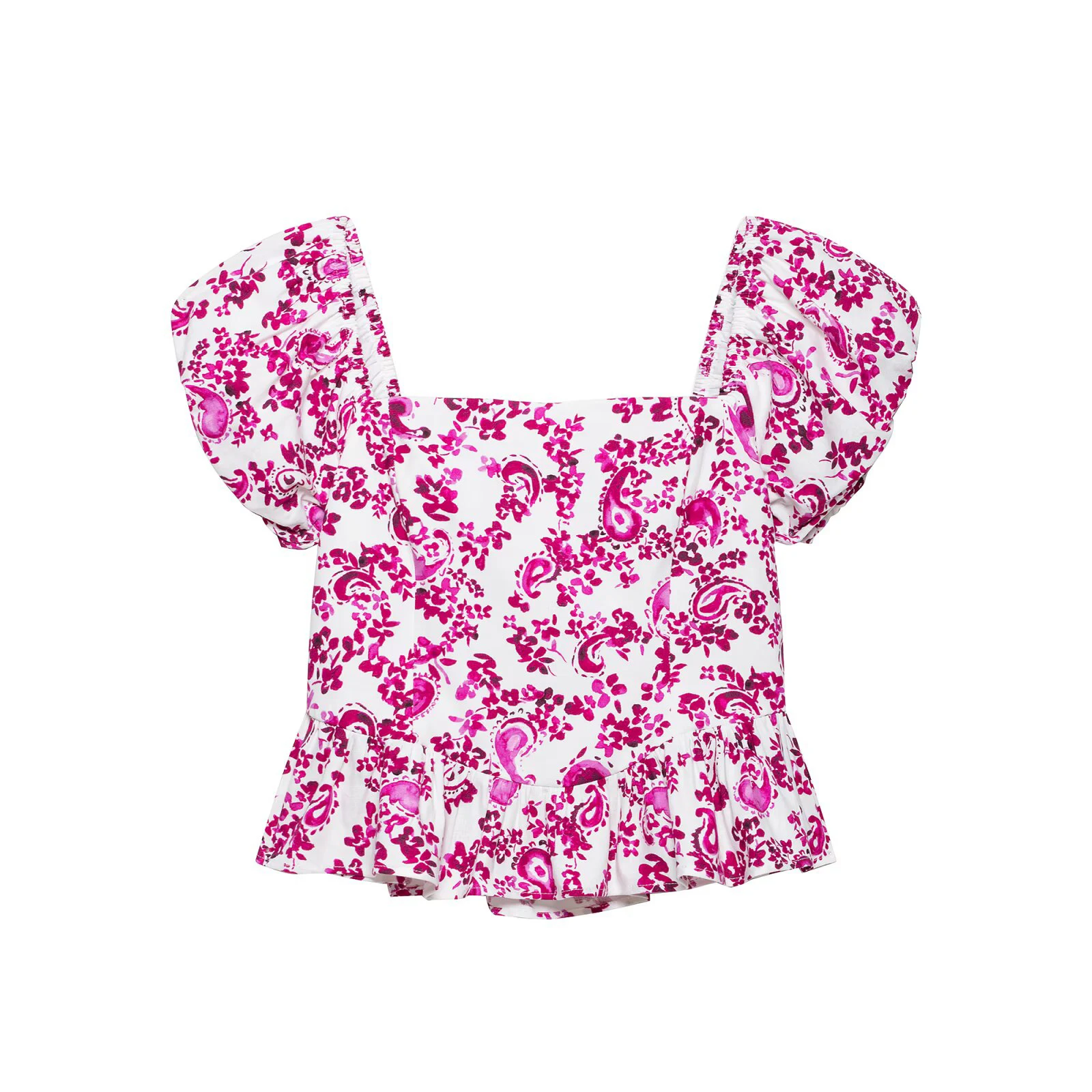 

2026 summer new women's clothing European and American style fashionable printed tight corset style bubble short sleeved shirt