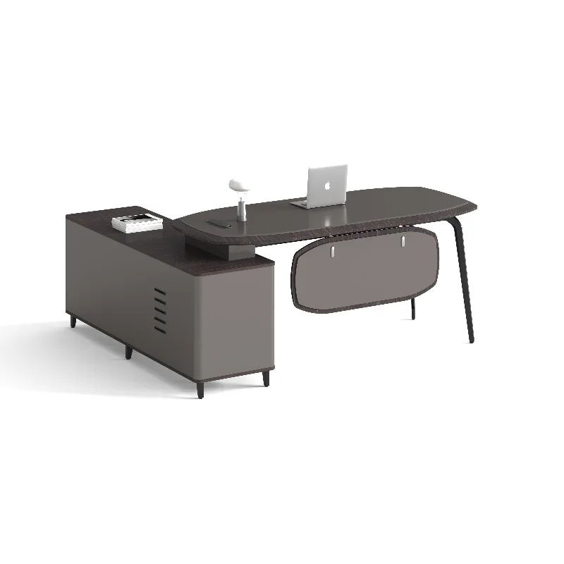 Floating wooden desk with under-desk power access, open shelving, and secure storage for office buildings and shopping malls