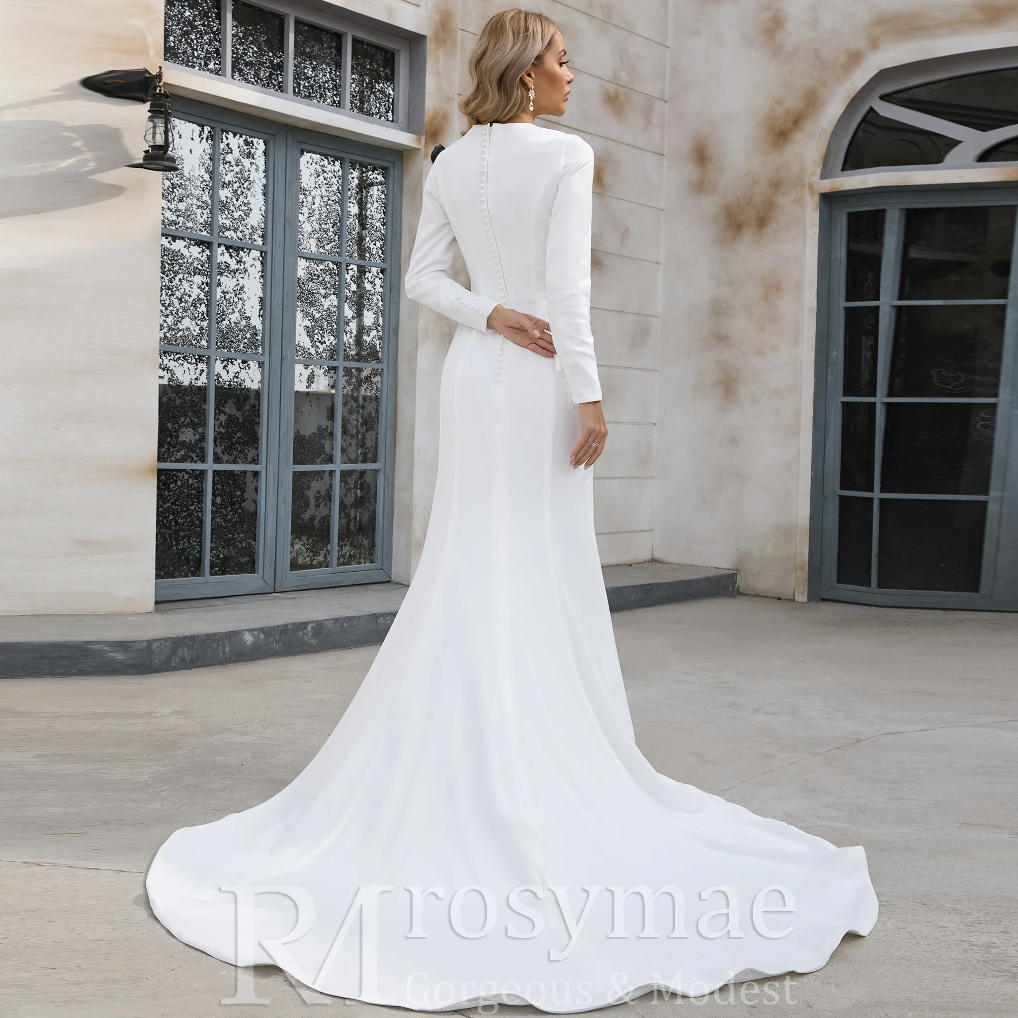 Rosymae zeemeermin satijnen trouwjurk met V-hals en lange mouwen vestido de novias