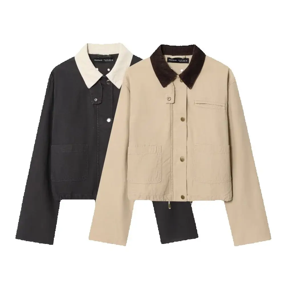 

Women's Salt Vintage Style Top Splicing Corduroy Collar Long Sleeve Button Pocket Strap Autumn/Winter New American workwea