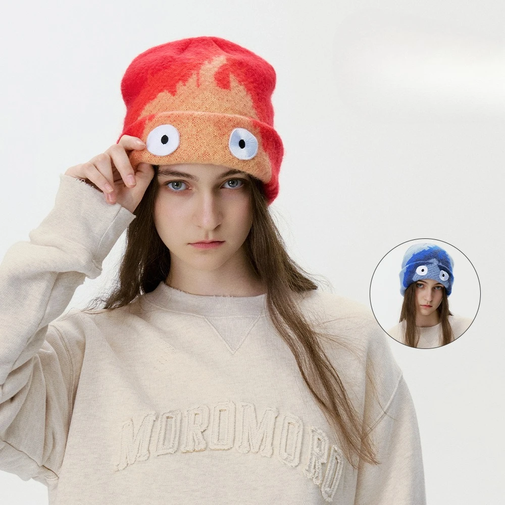 

Вязаная шапка-бини в стиле хип-хоп с градиентом пламени и вышивкой больших глаз для мужчин и женщин, унисекс, пара, зимняя теплая эластичная вязаная шапка с черепом