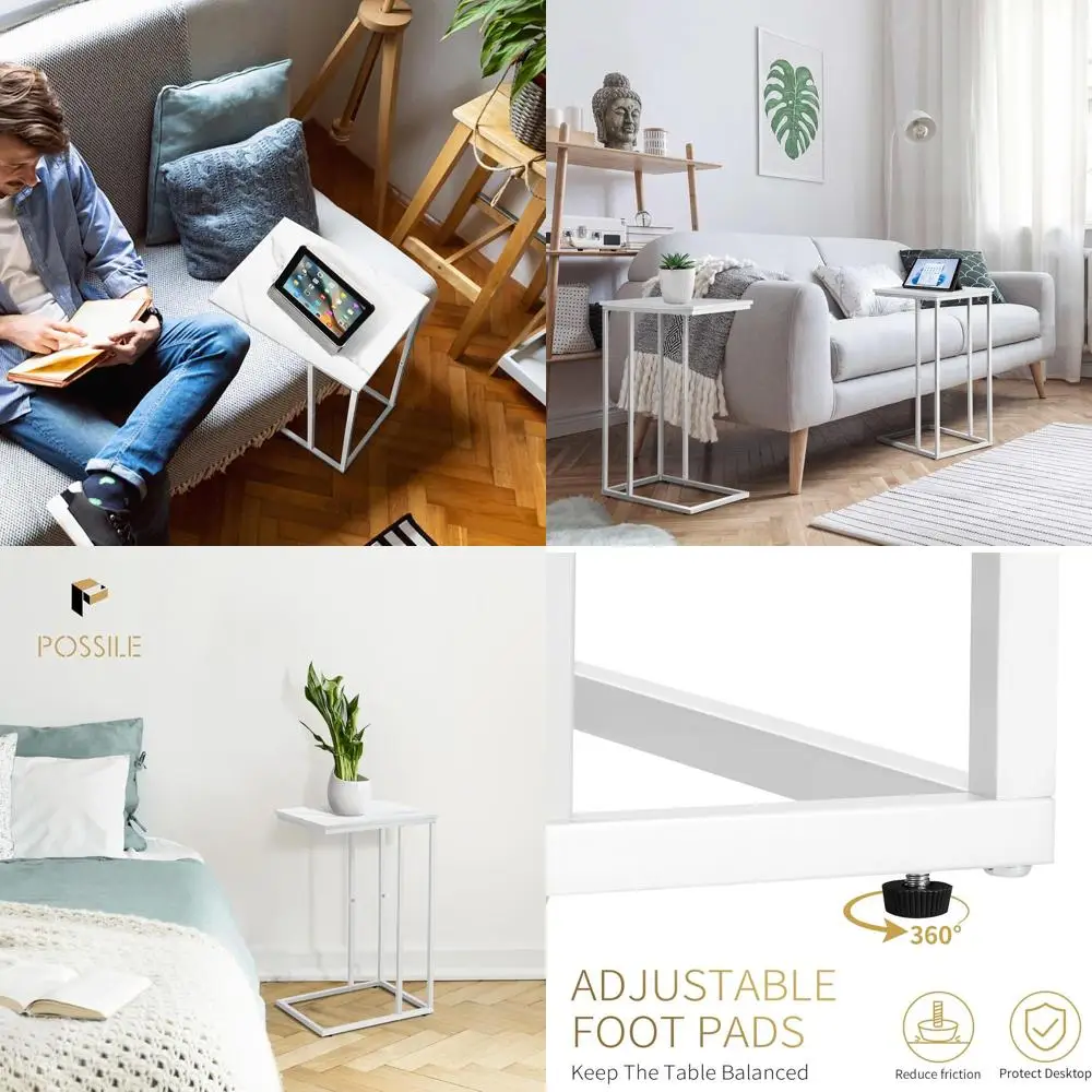 

Pair of C-Shaped Sofa and Bed Side Tables with Faux Marble Tops, Sleek White Finish for Living and Bedroom Spaces