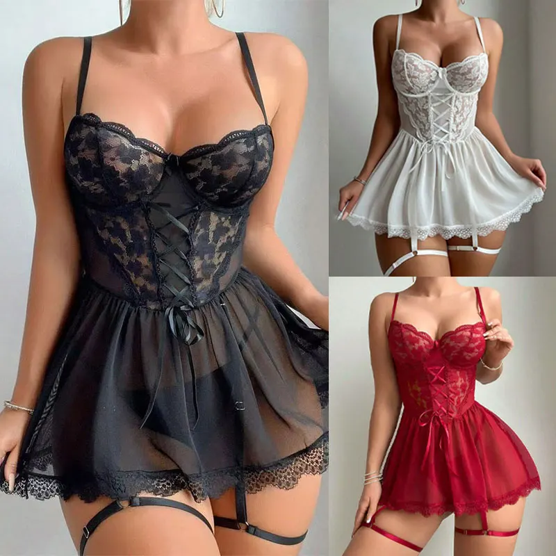 الرباط منامة رائعة الساخن المرأة الملابس الداخلية يتوهم الصدرية مع ثونغ الساق خواتم المثيرة قمصان النوم حجم كبير الملابس الداخلية ملابس خاصة مجموعة