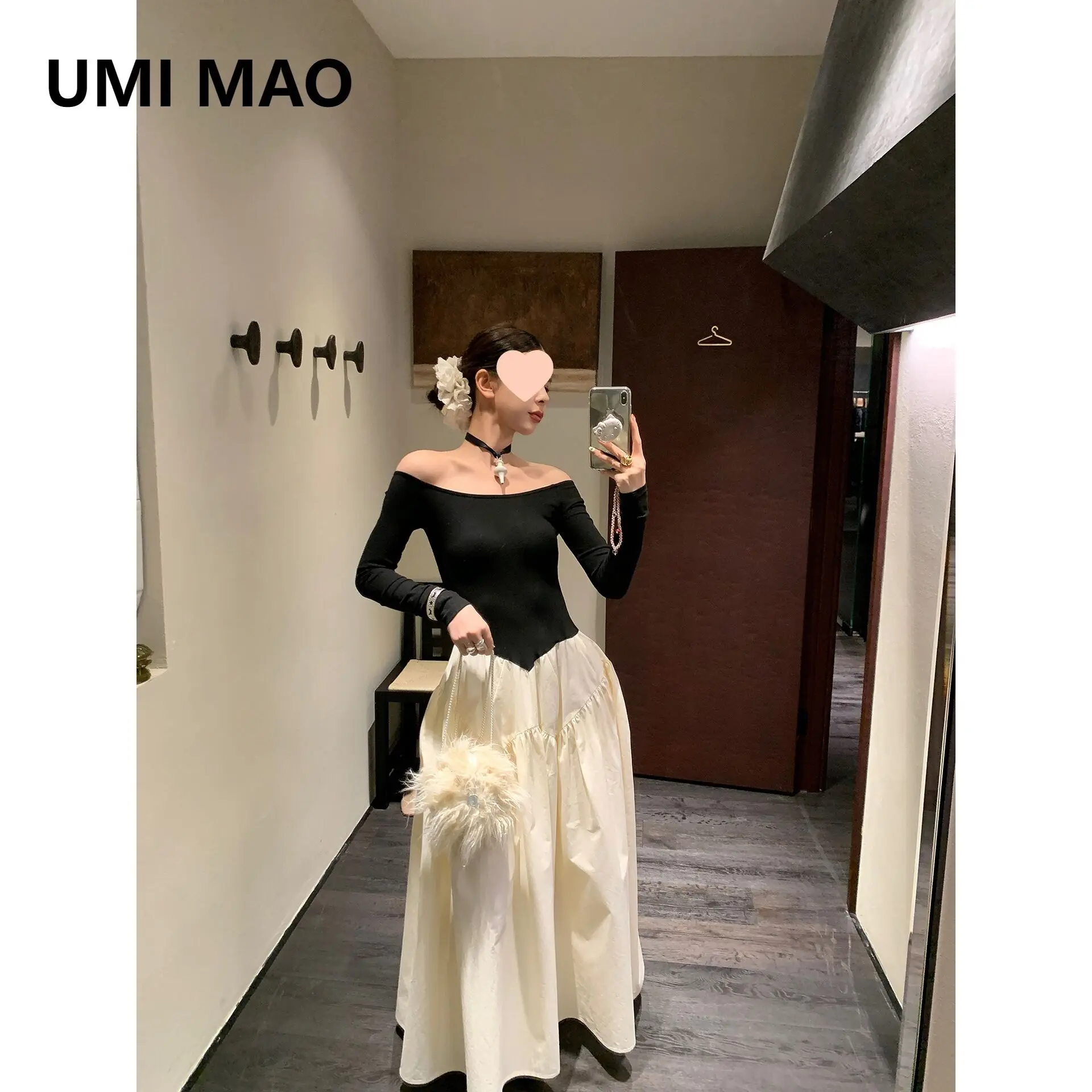 UMI MAO Cool And Simple Dress With Multiple Wearing Styles - One Shoulder Large U Neck Large Skirt Splicing Dress Femme