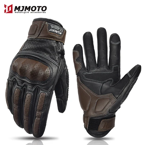 Guantes de cuero Vintage para motocicleta, certificación CE, guantes de carreras de Moto perforados de verano, guantes de Moto para Motocross con pantalla táctil