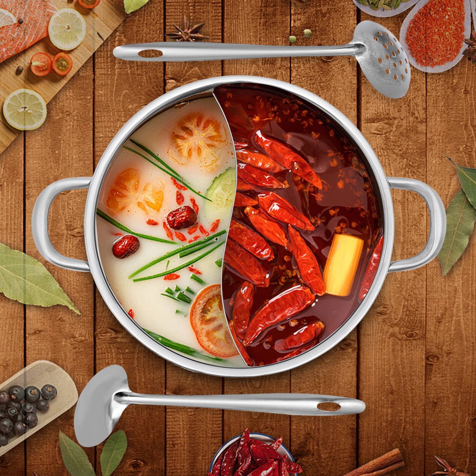 

32 см из нержавеющей стали 304, разделенная горячая кастрюля, китайская кастрюля для супа Yuanyang, индукционная плита, кастрюля с бинауральными ручками, стеклянная крышка