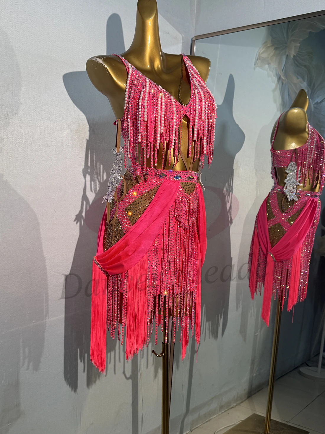 

Latin Dance Dress High-end Custom Hollow Pearl Diamond Stripe Tassel Cha Tango Adult and Children's Stage Professional Clothing