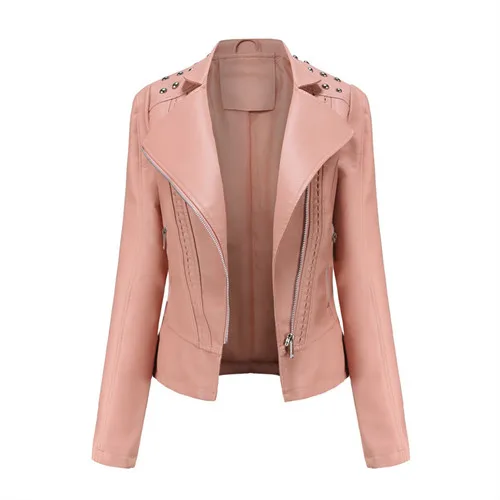 Autumn Women Purple PU Jackets, Stud and Zipper Decorated Leather Jackets, Pink motorcycle Coats
