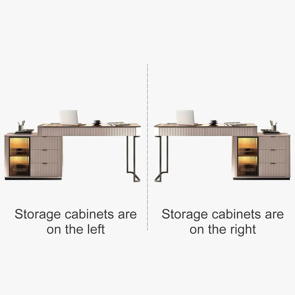 Office Desk, Home Telescopic Writing Desk, Storage Cabinet Retractable Corner, Built-in LED Lights, Five Drawers, Computer Desk