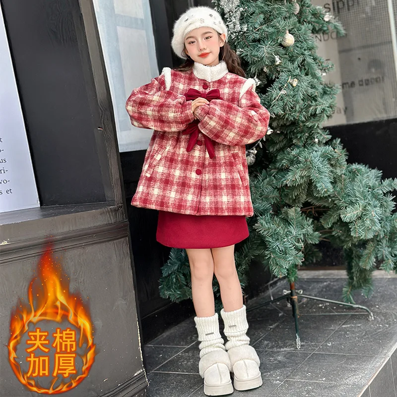 

2024 Girls' Woolen Set Autumn/Winter New Sweet Fragrant Style Butterfly Knot Checkered Cotton Jacket+Skirt Two Piece Set