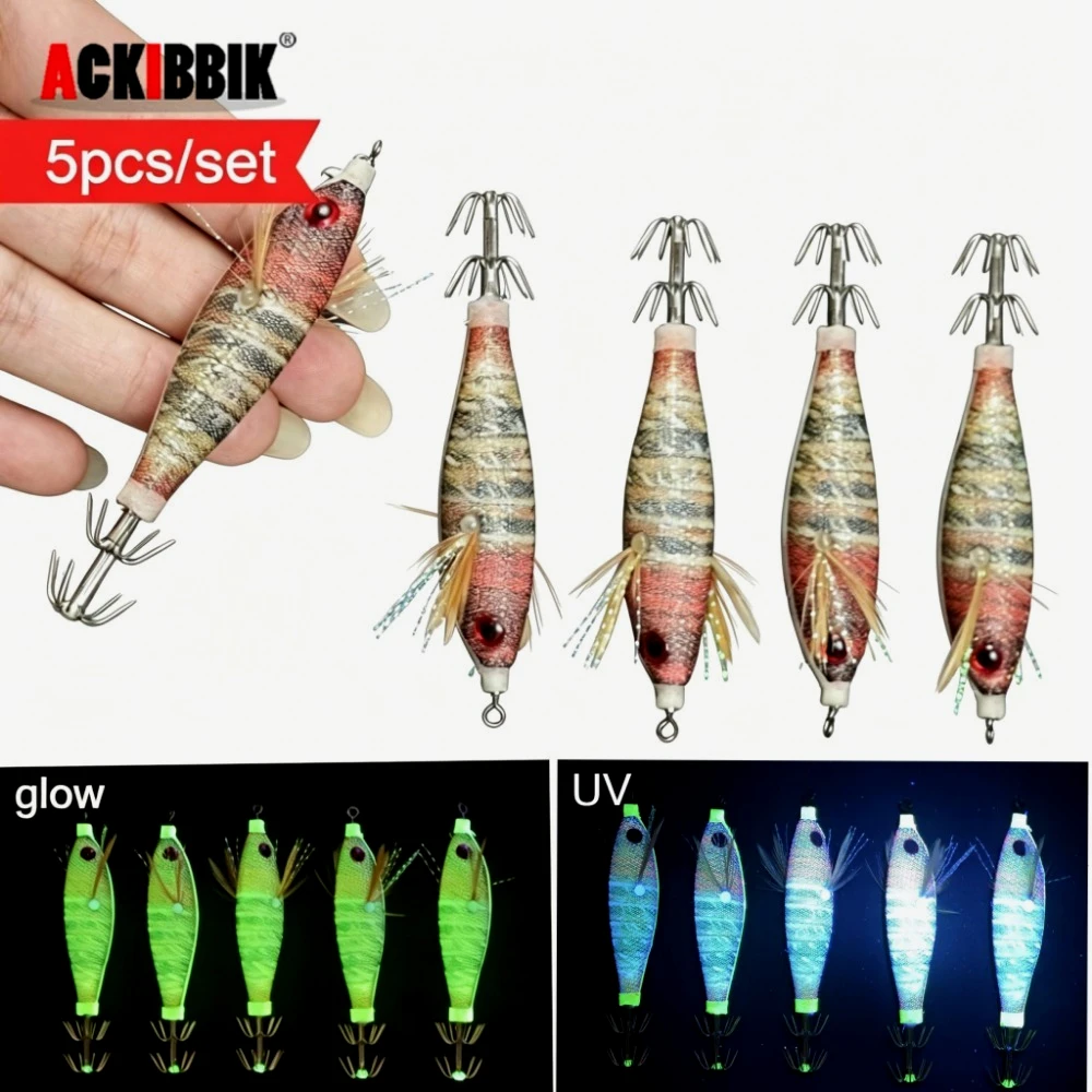 5pcs UV Horizontal Squid Jig Egi Set 8cm Luminous Glow in Dark Sea Cuttlefish Octopus Lures Saltwater Fishing Bait Egi Tackle