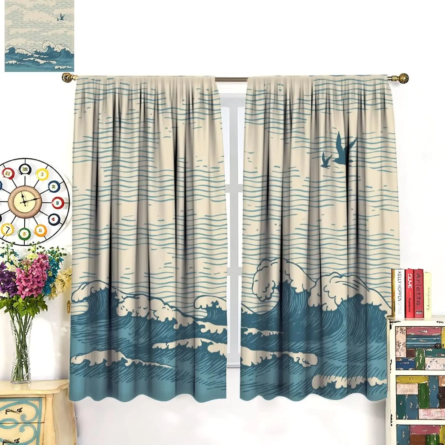 Seascape Curtains, Vintage Blue Seascape with Waves, Seagulls and Clouds in The Sky, Living Room Bedroom Blackout Window Drapes