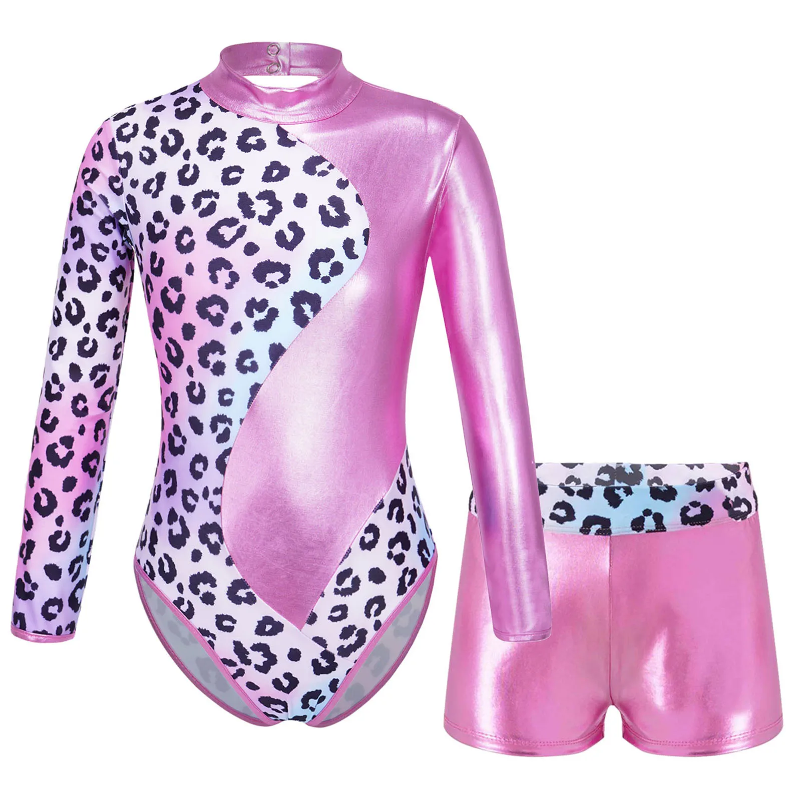 

Gymnastic Ballet Dance Leotard for Kids Girls Long Sleeve Mock Neck Printed Leotard+Shorts Set for Sports Figure Skating Workout