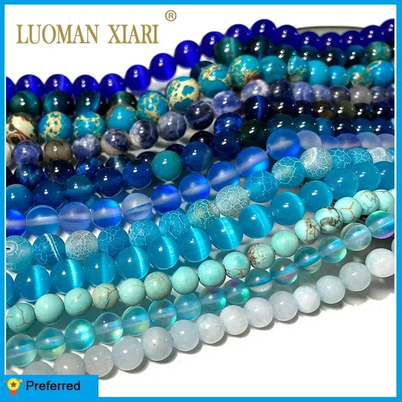 Niebieskie koraliki z kamienia naturalnego Topaz Aquamarine Agate Jade Glass Crystal Loose Round Spacer Bead do tworzenia biżuterii Diy Bracelet Charm