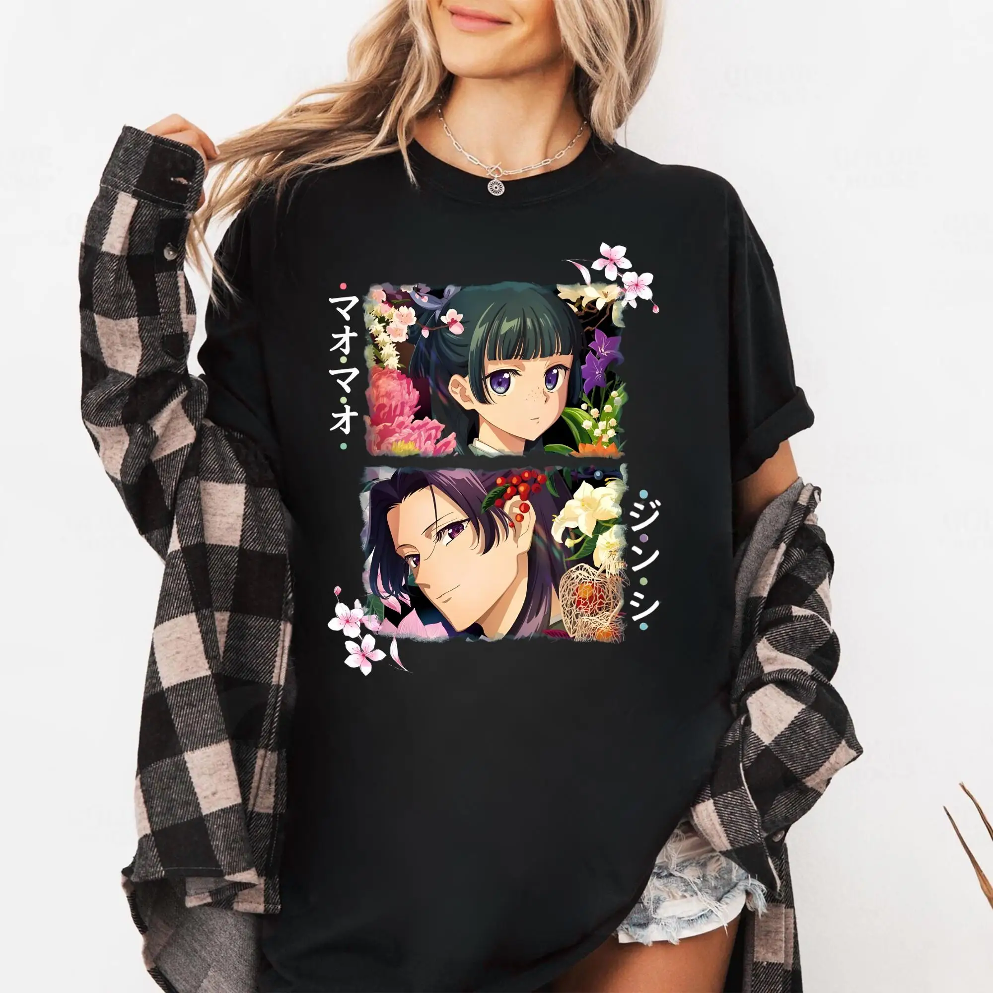 Kusuriya No Hitorigoto Maomao & Jinshi Floral Graphic T-Shirt Unisex Black Anime Streetwear