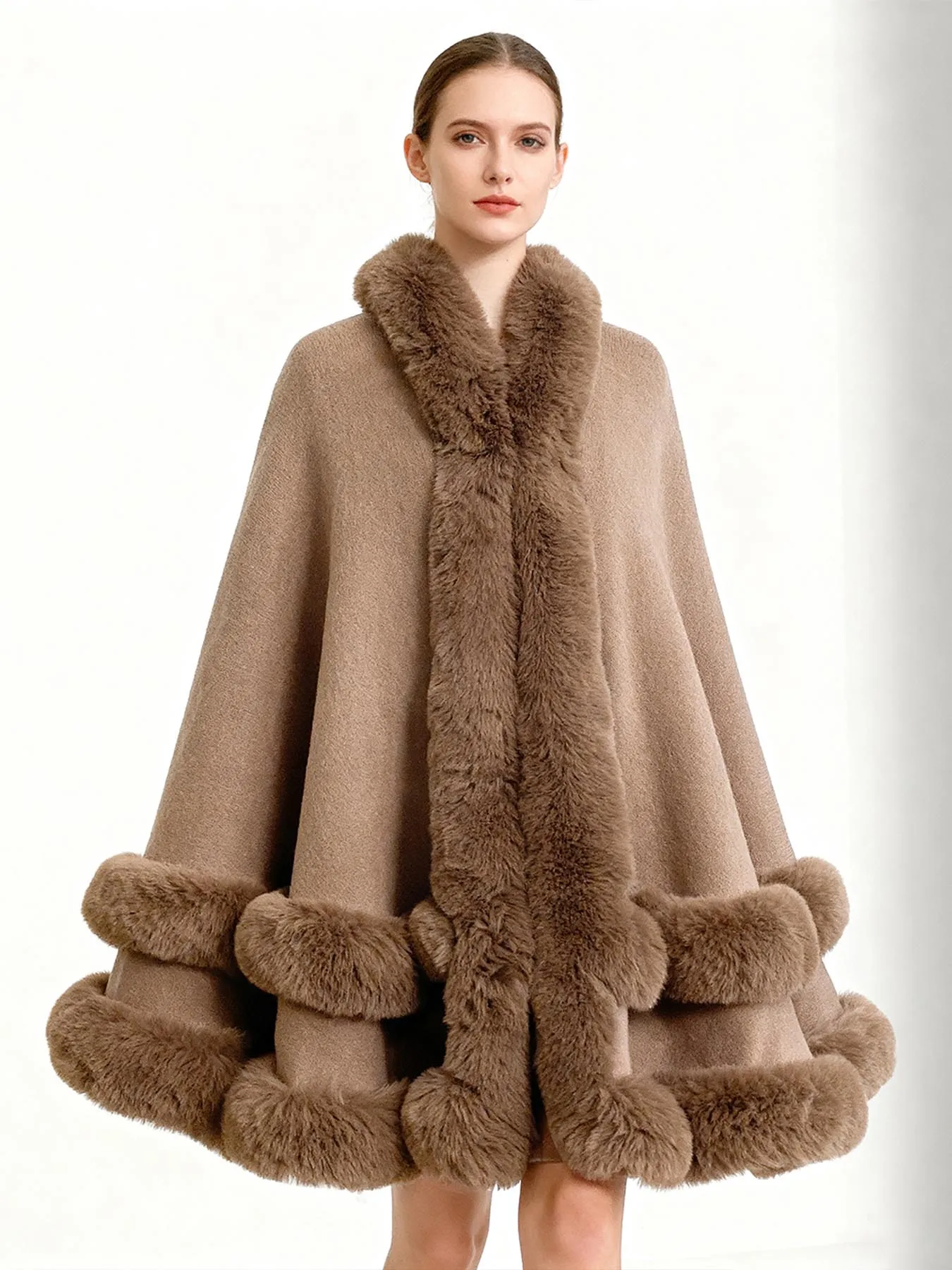 Women's Winter Faux Fur Trim Cape Coat, Elegant Knitted Poncho Shawl, Warm Oversized Cloak for Evening Party
