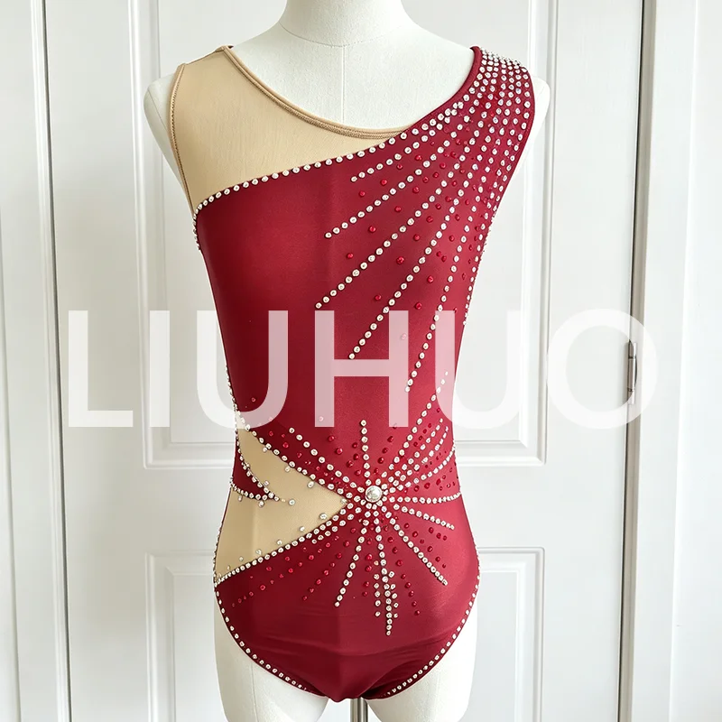 Maillots de Gimnasia Rítmica Personalizados para Niñas y Mujeres, Color Rojo con Pedrería, Sin Mangas, Ropa de Competición y Actuación para Niños JC1151