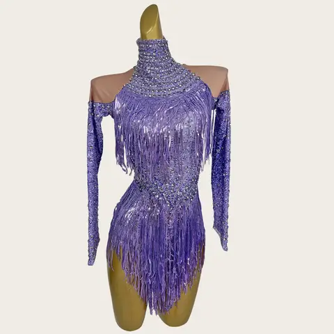 Latiao Sparkly Rhinestone Tassel Bodysuit Ladies Latin Dance Team Stage Costume Dance Performance Show Wear Night Party Outfit