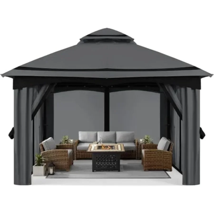 10x10FT Outdoor Patio Gazebo with Mosquito Netting for Backyard Patio Garden Weatherproof Polyester in Beige Built-in Mosquito