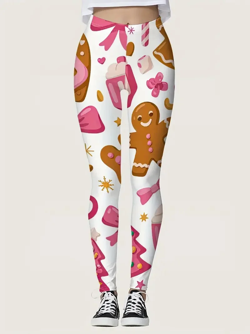 سروال يوجا برسومات الزنجبيل لعيد الميلاد للنساء، نمط سانتا كلوز اللطيف، سروال مرن للحفلات والمهرجانات، كاجوال عالي الخصر #1