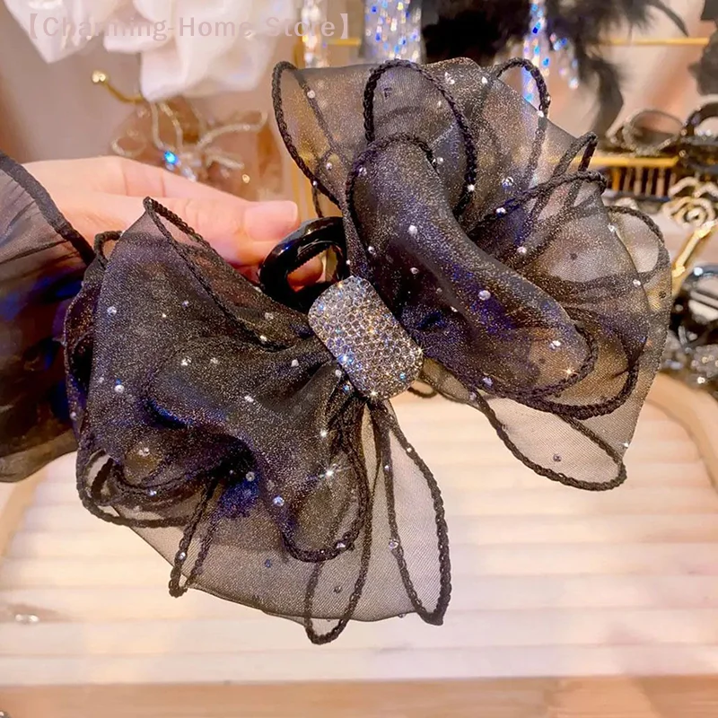 

【M】Black Mesh Bow Rhinestone Hair Claw Vintage Elegant Hair Clamp Hairpin Shark Clips For Women Fashion Hair Accessories