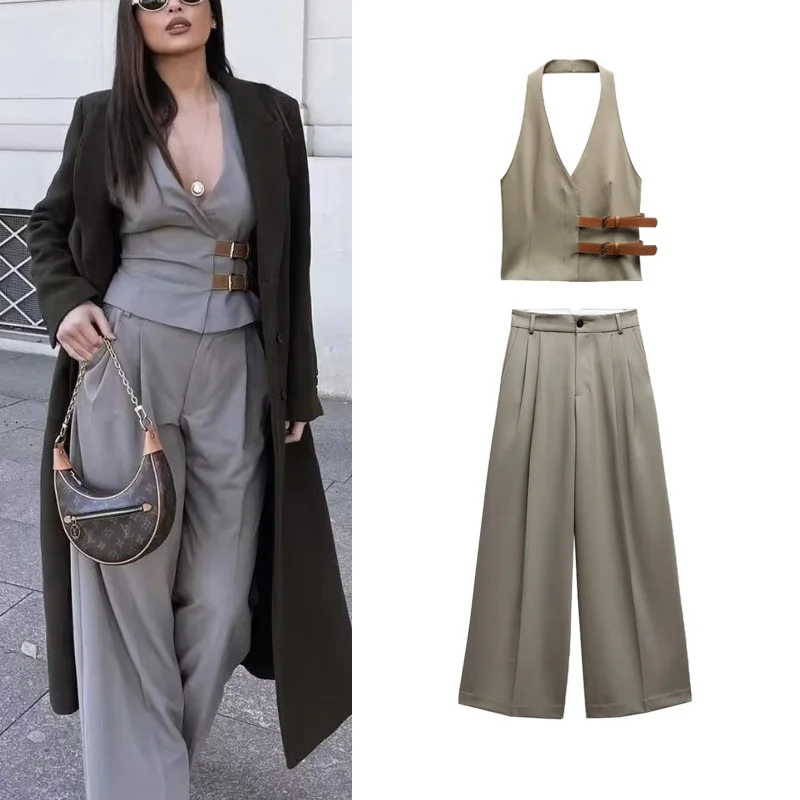 Conjunto de Moda Fena com Top Estilo Colete com Cinto e Gola Pendurada, Manga Longa em Aodão Psado