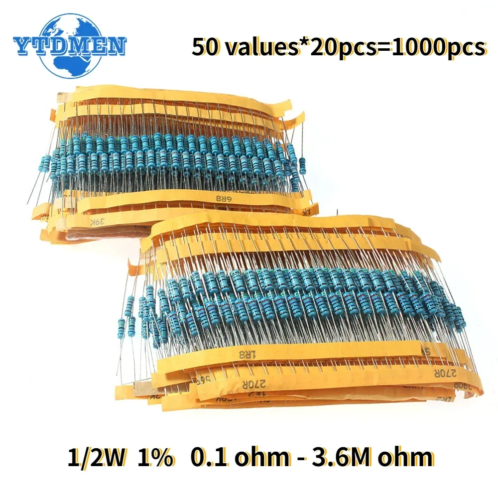 1000pcs 0.5 Watt Resistor Metal Film Resistance Kit 1/2W 1% DIY Electronic Set of Resistors Package 50 Values 0.1 Ohm - 3.6M Ohm