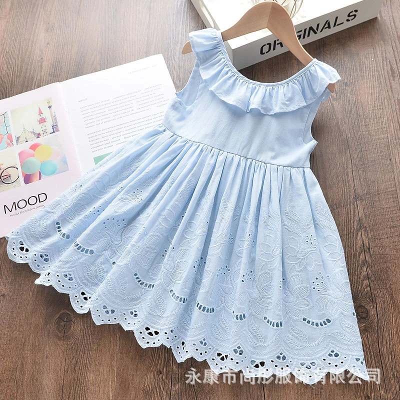 New Summer Dress for Girls in Solid Color with Lace, Hollow Embroidery, Sleeveless Dress with Lace Trim and Bow