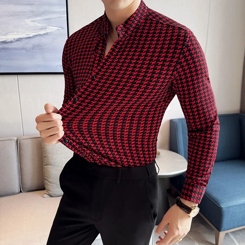 

Men's Social Shirts High Quality Korean Luxury Clothing Houndstooth Shirts for Men All Match Slim Fit Casual Stand Collar Tuxedo