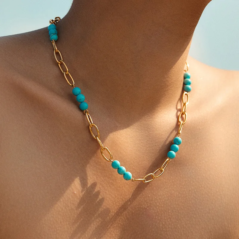 Kalung Lapis Emas 18K Sederhana, Dapat Ditumpuk untuk Wanita, Kalung Rantai Klavikula Berhias Manik-Manik, Perhiasan Fashion