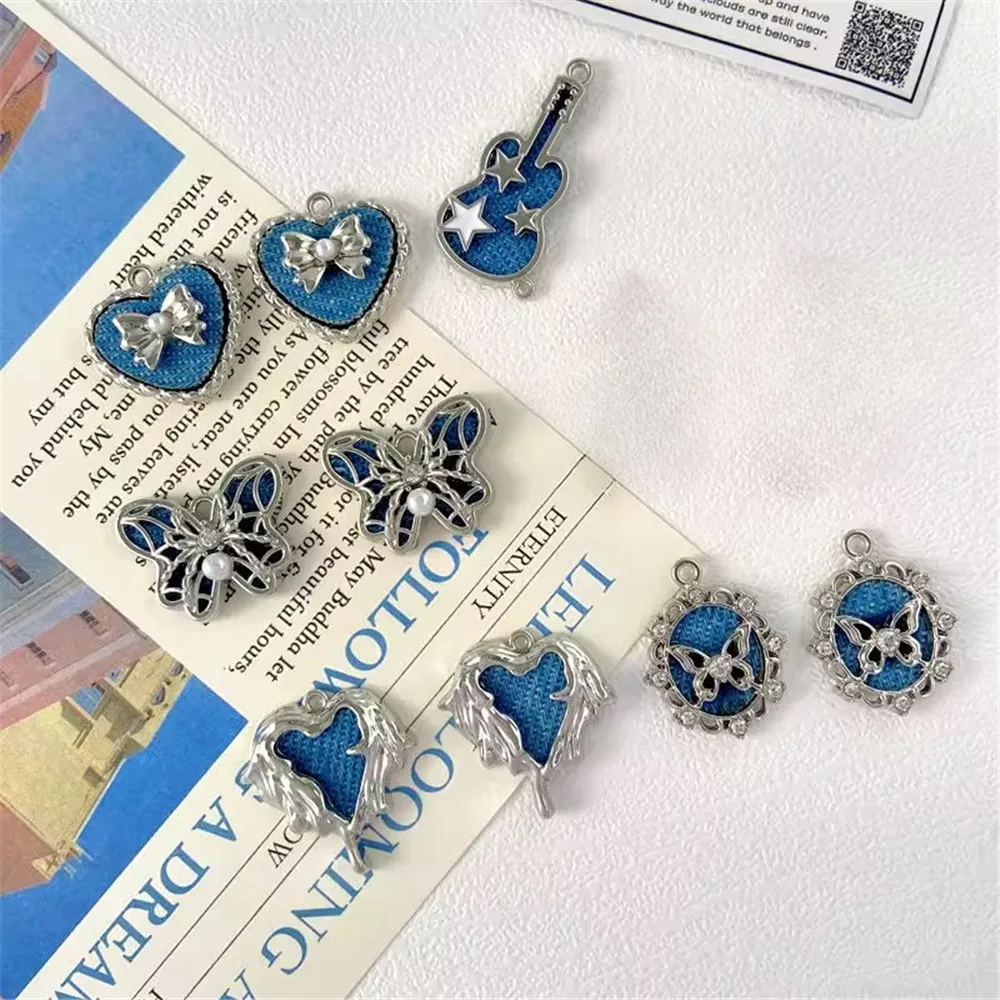 

Sweet and Cool Denim Blue Heart Butterfly Cross Guitar Pendant Diy Handcrafted Beaded Bracelet Necklace Earrings and Accessories
