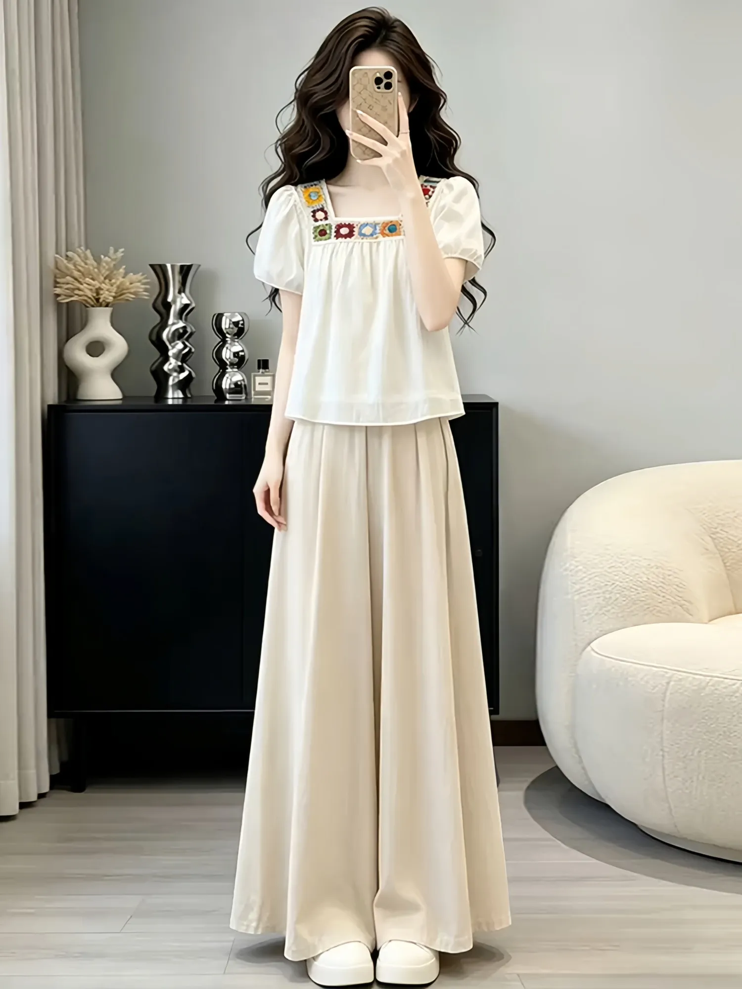 

Casual Embroidered Short Sleeve Shirt And Wide Leg Pants Two Piece Set Women's Summer Fashion Outfit Square Collar Breathable
