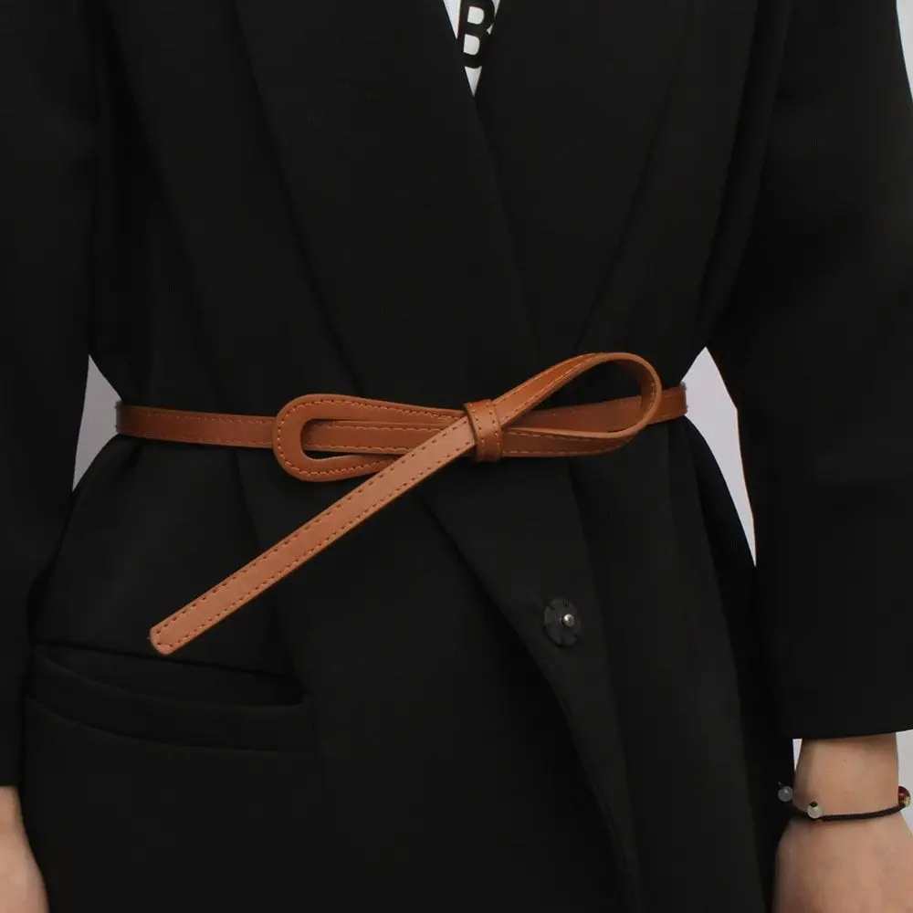 

Ремень из искусственной кожи Женский, тонкий длинный пояс с узлом, модный дизайнерский пояс для платьев, пальто, аксессуар