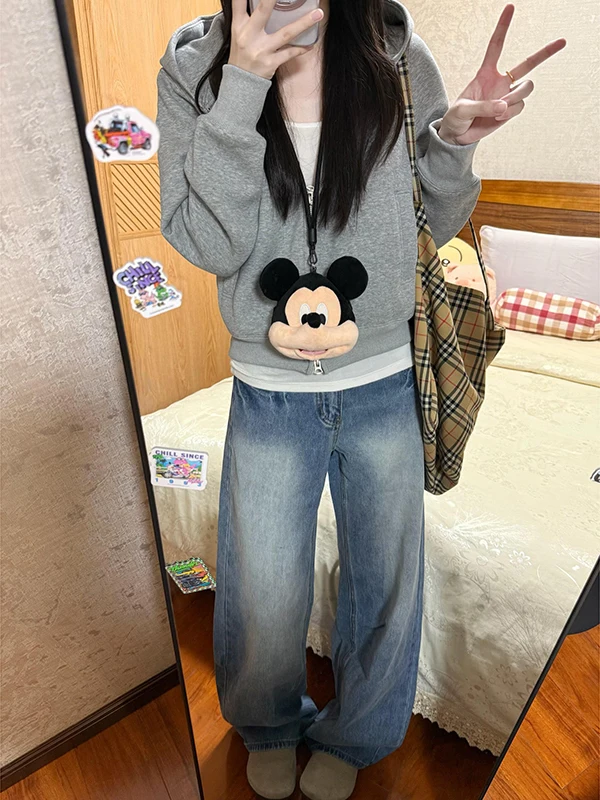 

Американские винтажные джинсы с эффектом выцветания, с высокой талией, свободные, прямые, женские, осенние, новая модная модель, широкие брюки в пол