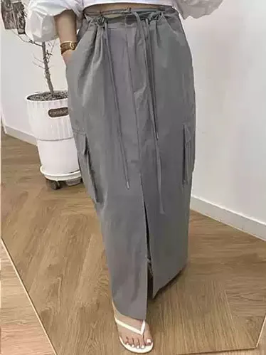 

Chic Vintage High Waist Dstring Cargo ket Design Workwear Maxi Skirt Women's Faion Commute Sle Pure Color Other Mat...