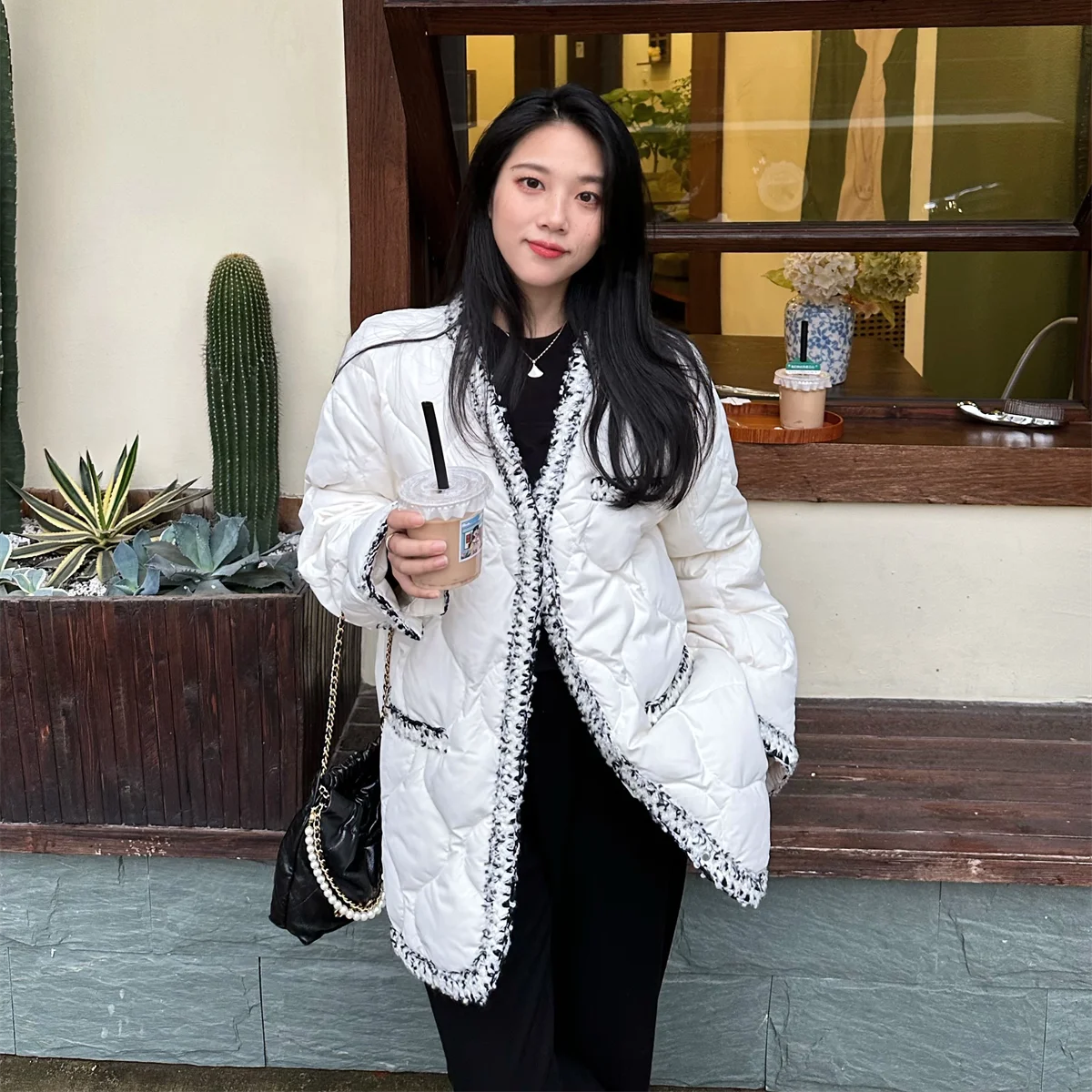 

Ladies Loose Fit Diamond Pattern down Jaet Autumn Winter New Sle Color Blo Tweed Faion Outerwear Coat MS.SUUPEER