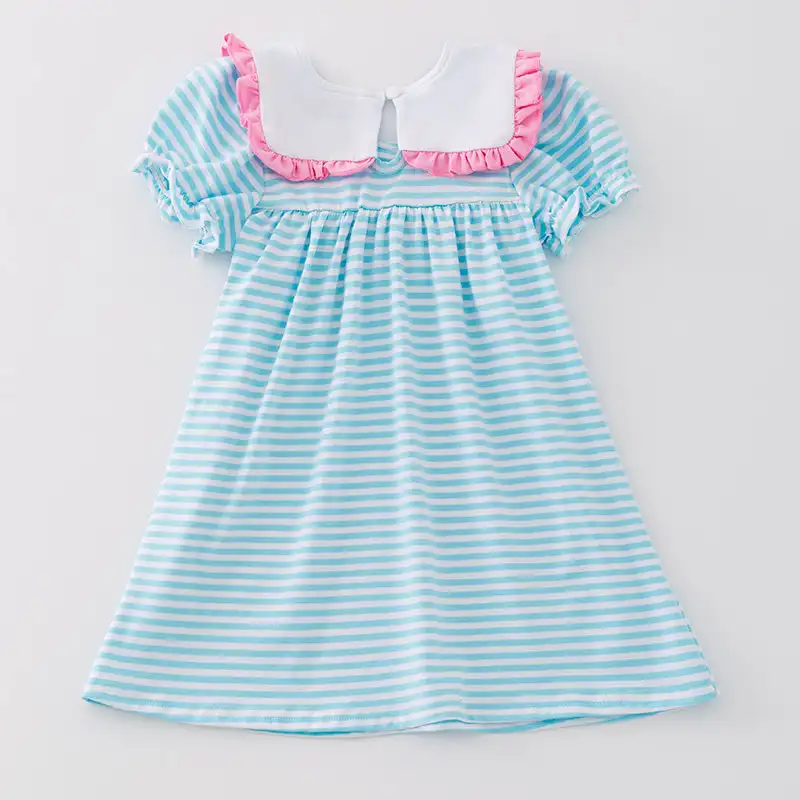 Girls Fall Winter Girls Printed Princess Blue Stripe Dress Short Sleeved Boutique Kids Clothing